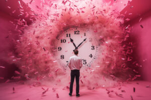 araffe-man-standing-front-clock-surrounded-by-pink-confetti-generative-ai